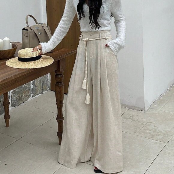 Beige Casual Women's Loose Fit Folded Pleat Wide Leg Pants - Picture 1 of 7